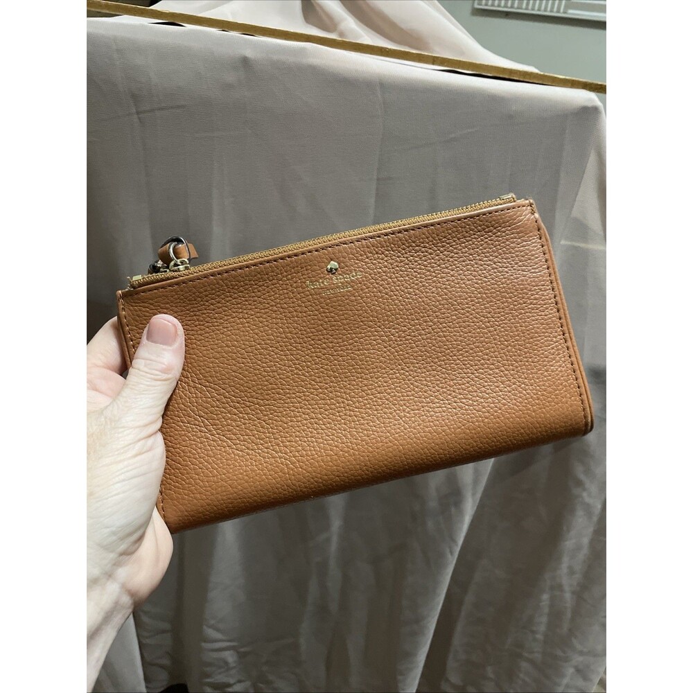 Kate Spade NY Pebbled Brown Leather Large Bi Fold Double Zip Snap Wallet
